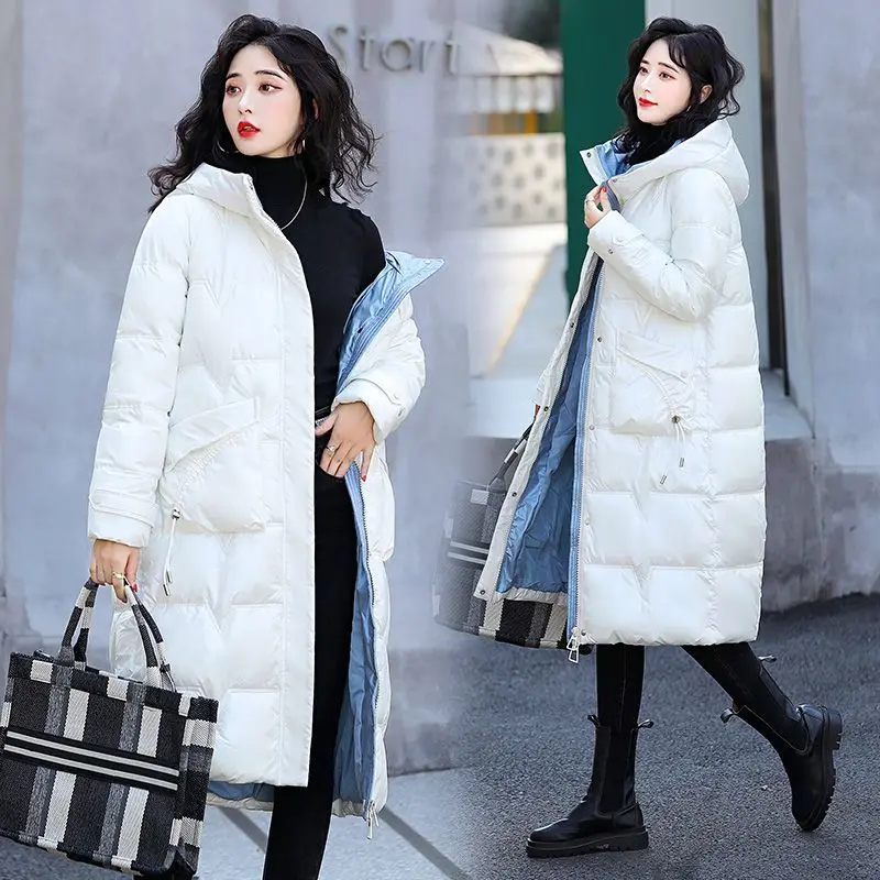 Winter Big Hood Jacket Knee Length Loose White Duck Down Padded Overcoat Warm Down Zipper Pockets New 2023 Down Women Coat M49