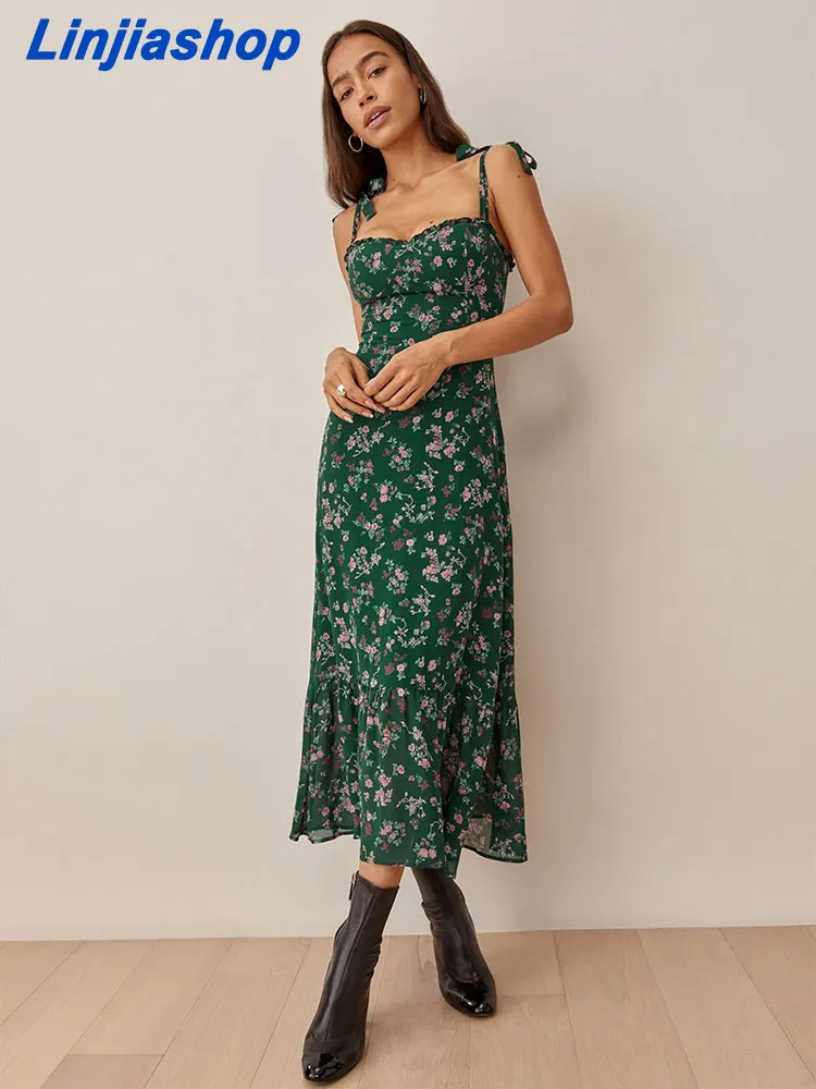 

Женское праздничное платье миди без рукавов, длинное привлекательное праздничное платье с цветочным принтом, с открытой спиной и разрезом, ...