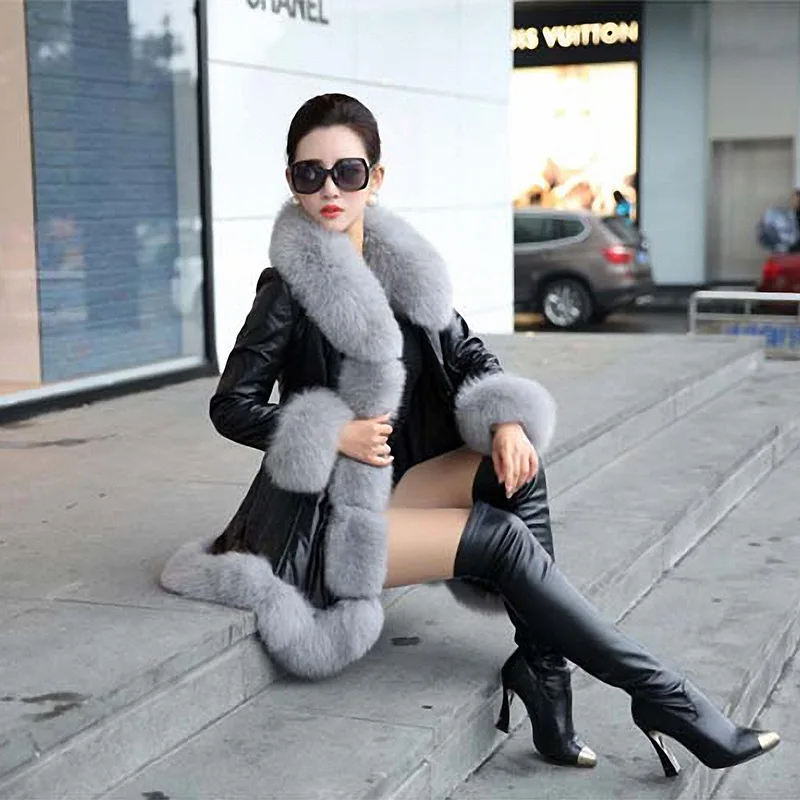 Aux Fur Faux Sheepskin Women's Winter Coat Medium Length Fox Fur Collar Hooded Slim-fitting Leather Garment