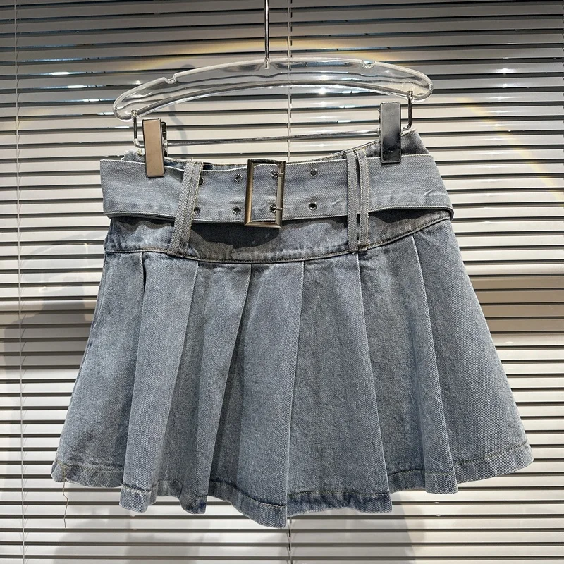 

PREPOMP 2023 Summer New Arrival Metal Buckle Belt Blue Short Mini Pleated Skirt Women Streetwear Y2k GH937