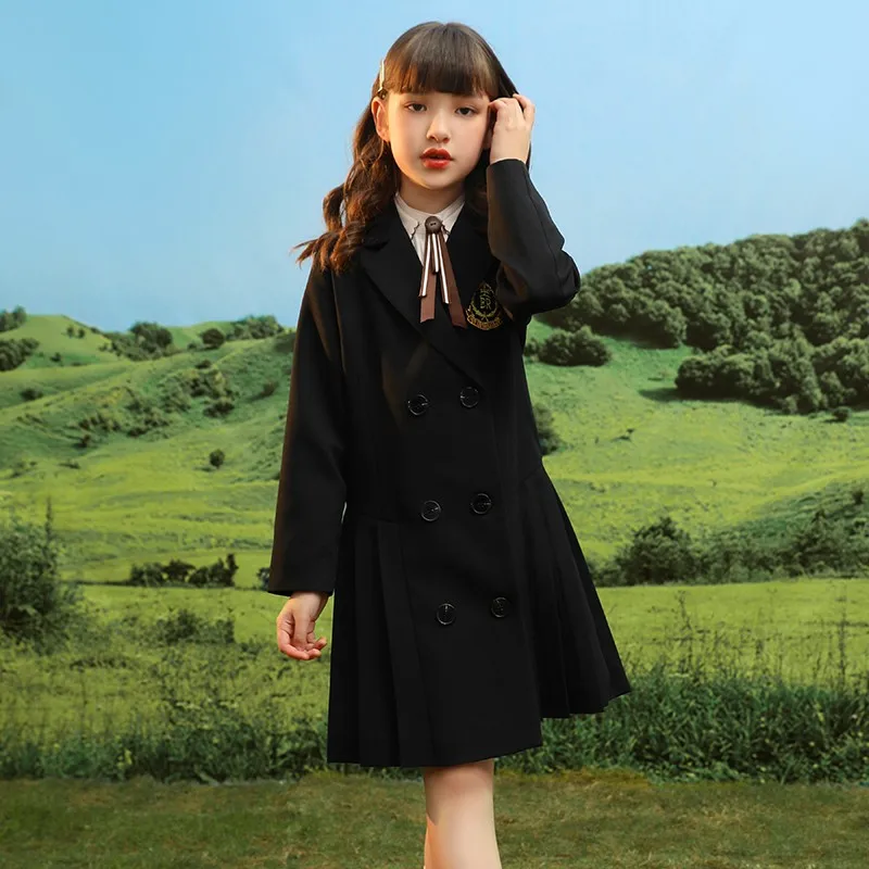 

Модное двубортное платье для девочек; Сезон весна-осень; Плиссированное платье с длинными рукавами и подолом; Детская школьная форма