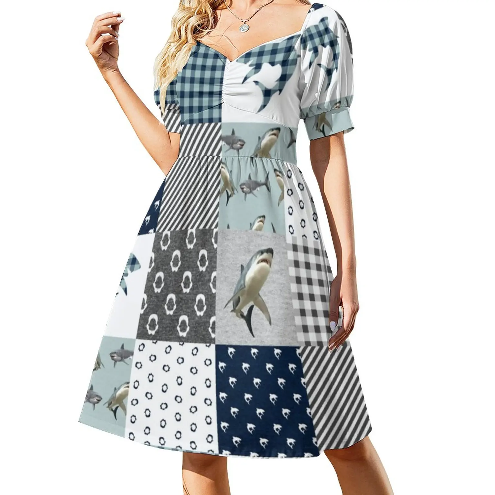 

Funny Shark Print Dress Sexy V Neck Animal Checkerboard Pretty Dresses Aesthetic Graphic Oversize Casual Dress Birthday Gift