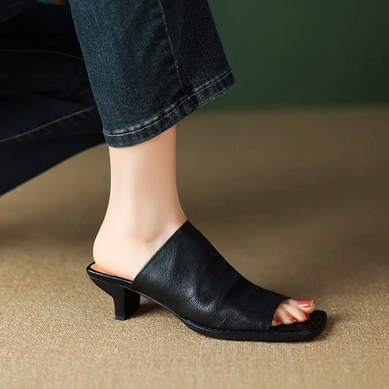 sexy peep toe slippers women luxury sandals summer soft cow leather fashion party dress shoes woman high heels slides for woman