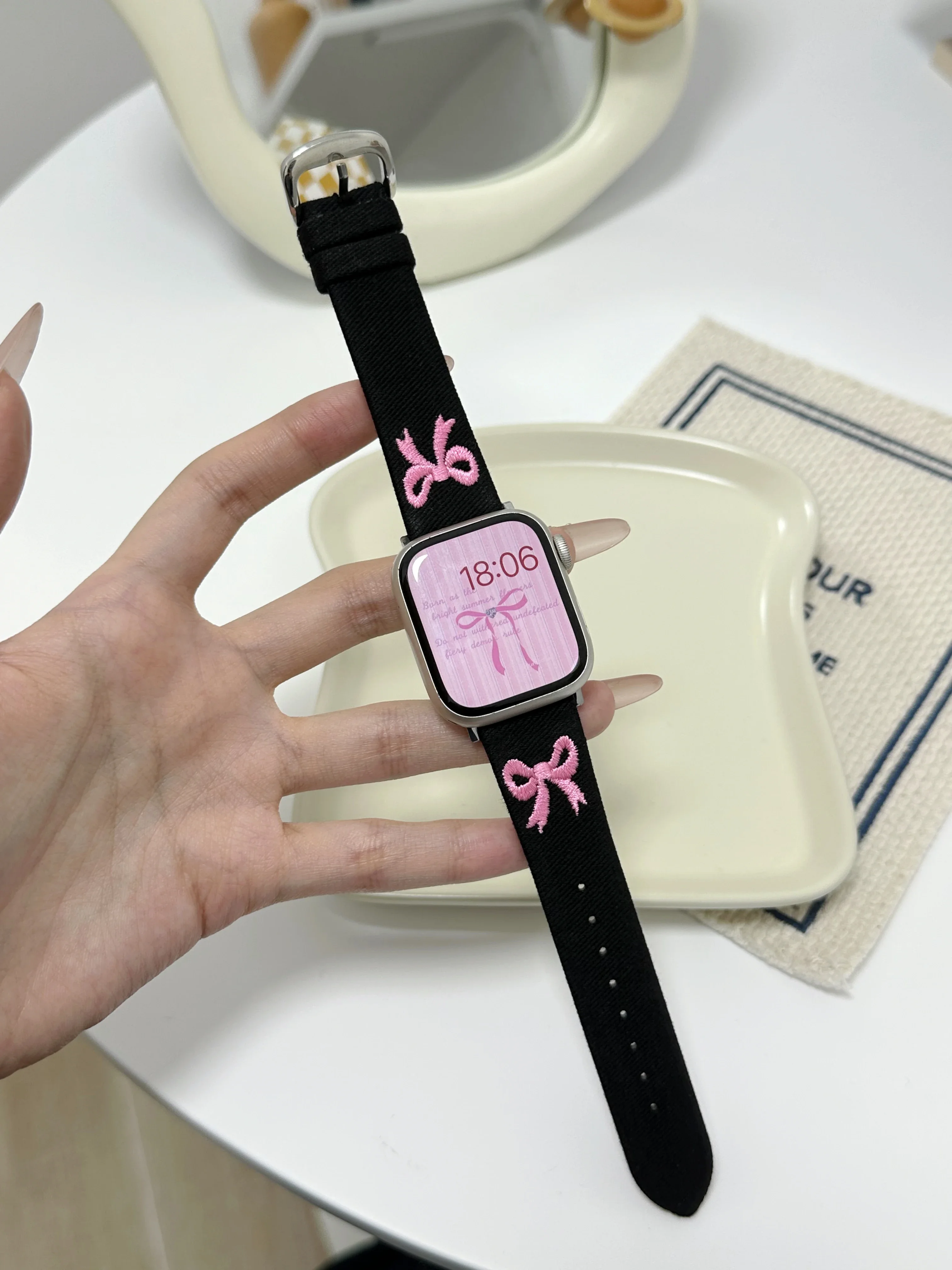 Ремешок джинсовый с вышивкой для Apple Watch браслет-бабочка бантом цепочка Iwatch98765SE