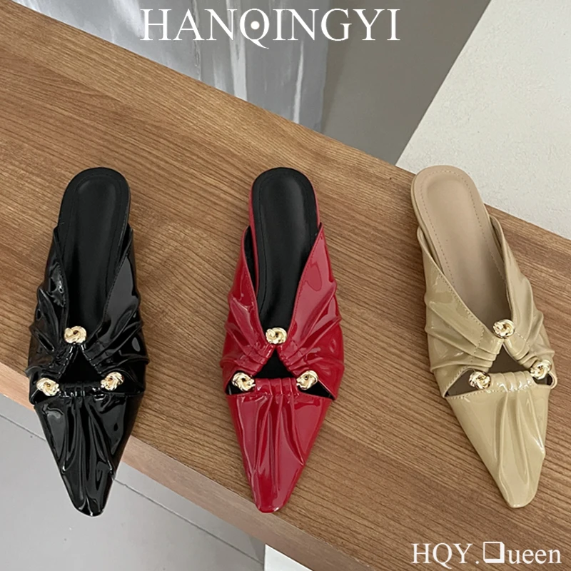 

Flat With Shoes For Women Footwear Slippers Muels Fashion Pointed Toe Metal 2023 Ladies Shoes Slides Female Casual Sandals