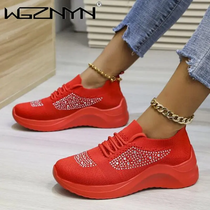 

New Women's Casual Shoes Fashion Mesh Rhinestone Fly Woven Sneakers Fashion Solid Color Lace-Up Flats Tenis Sapatilha Feminino