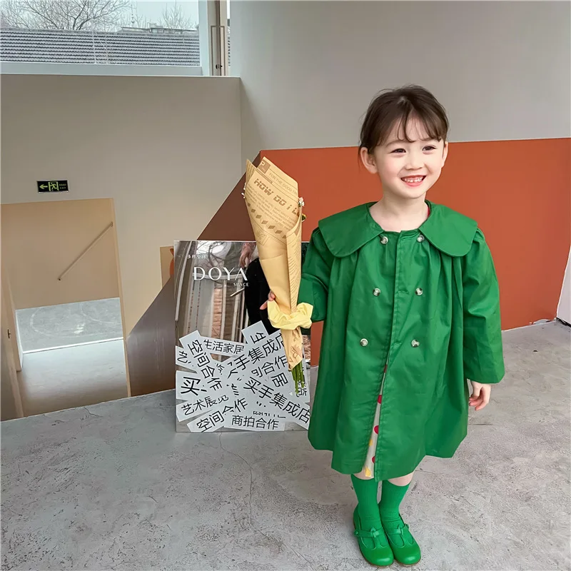 

Двубортный демисезонный Тренч средней длины для девочек, детская верхняя одежда с отложным воротником, модные пальто с воротником