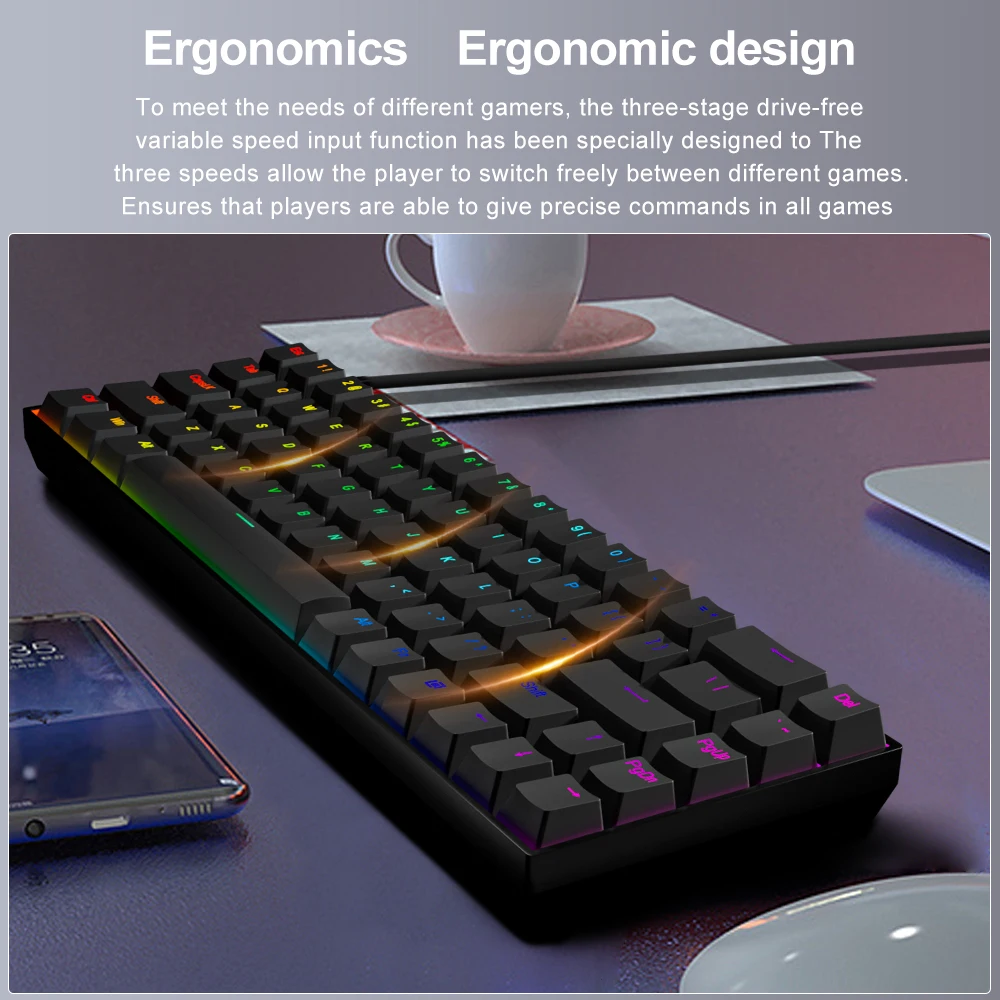 Фото Компактная тонкая Механическая Проводная игровая клавиатура E-YOOSO Z686 RGB USB 60% с красным переключателем, 68 клавишами, русский, бразильский, португальский стиль, для компьютера №2