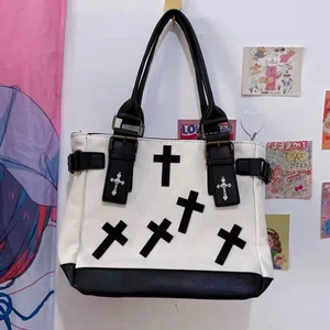 Xiuya Gothic Tote Bags Y2k Vintage Cross Patchwork Handbags for Women 2022 Fashion Punk Large Zipper in Pakistan