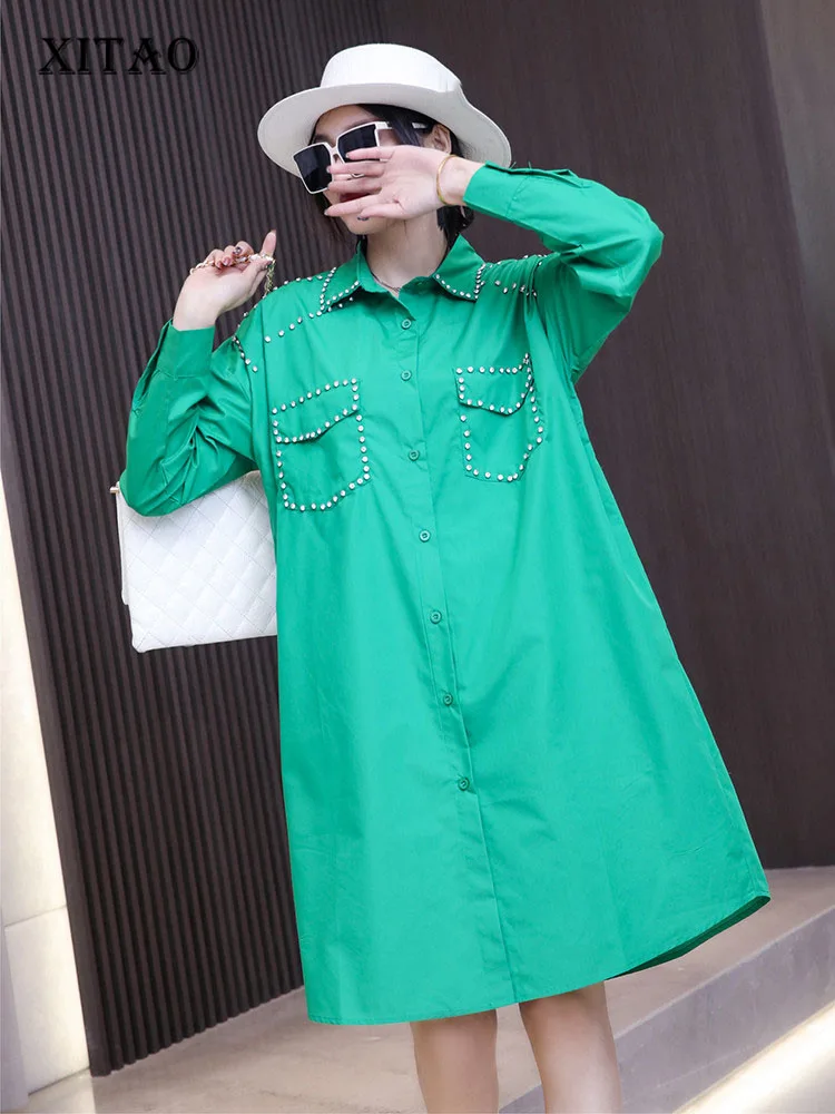 

XITAO Pleated Dress Fashion Single Breast Full Sleeve Solid Color Goddess Fan Casual Style Loose 2022 Summer Dress WLD6910