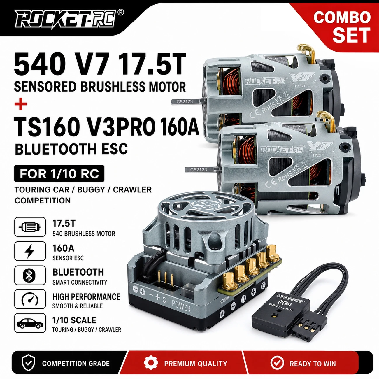 Фото Бесщеточный сенсорный мотор Rocket-RC 540 V7 17.5T и комбо-контроллер ESC TS160 V3PRO 160A Bluetooth для радиоуправляемых моделей 1/10: туристических автомобилей, краулеров, для соревнований №1