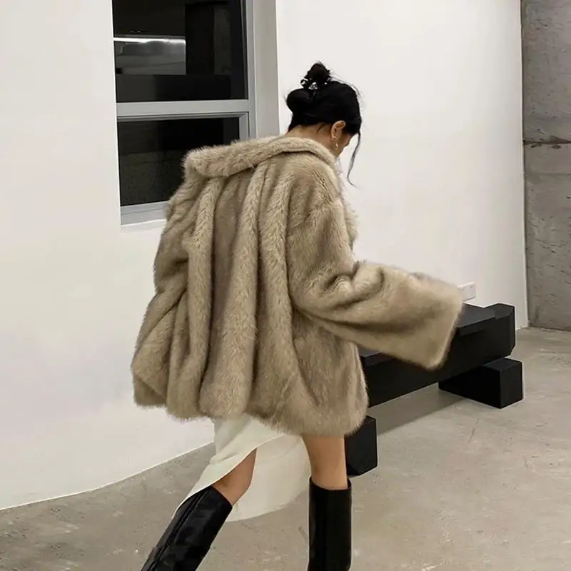 Faux fur coat women's medium long temperament large lapel loose plush coat