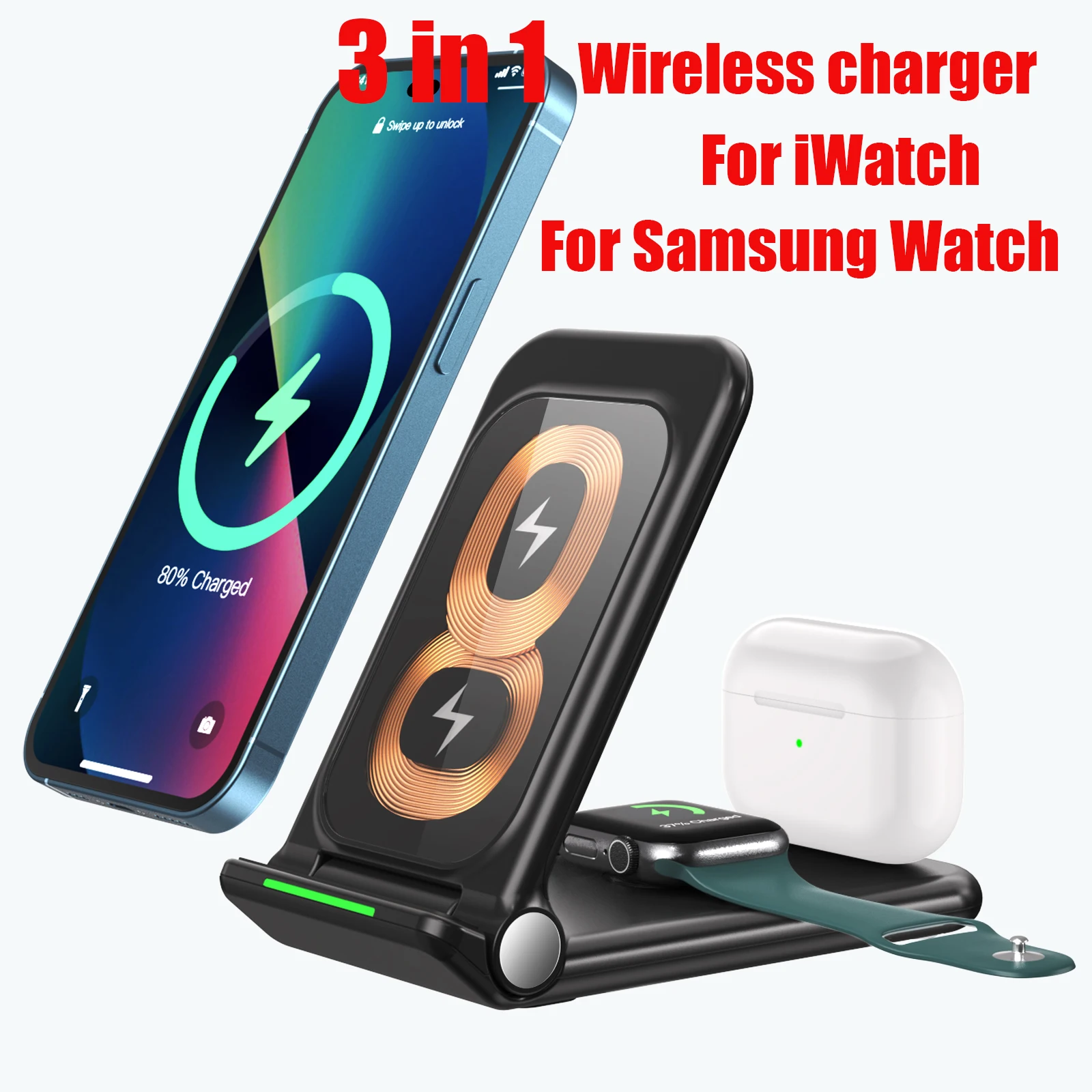 

Wireless charger 3 in 1 Qi Fast Induction Station for iPhone 13 Pro Max 12 11 8 Plus Apple Airpods iWatch Xiaomi Samsung Watch
