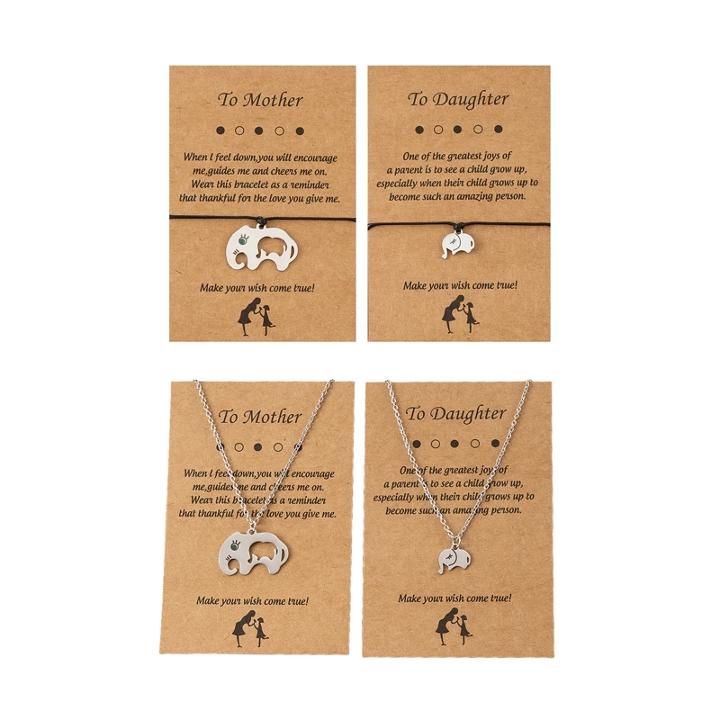 

2xMother Daughter Necklace/Bracelets Parent-child Elephant Pendant Card Bracelet