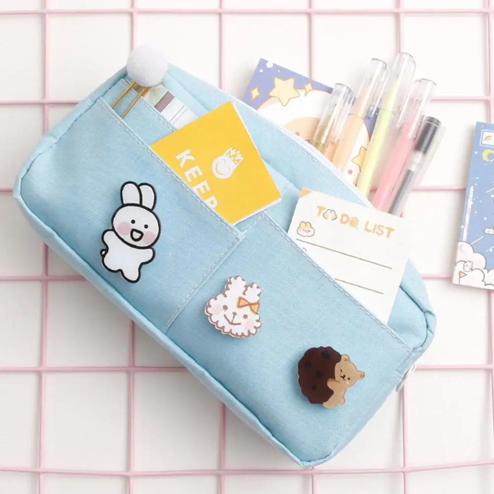 

2023 Kawaii Canvas Pencil Case Cute Animal Badge Pink Pencilcases Large School Pencil Bags For Maiden Girl Stationery Suppl S5M0