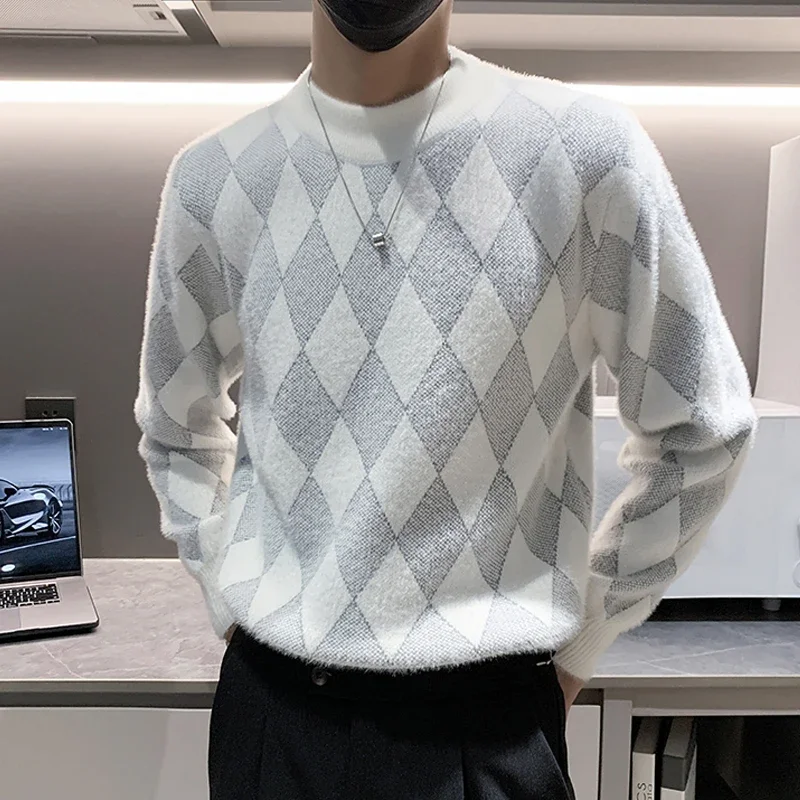 

Брендовый мужской Клетчатый свитер, зимний мужской свитер в клетку с принтом, Рождественская трикотажная одежда, пуловеры, уличная одежда, облегающие мужские свитера с круглым вырезом