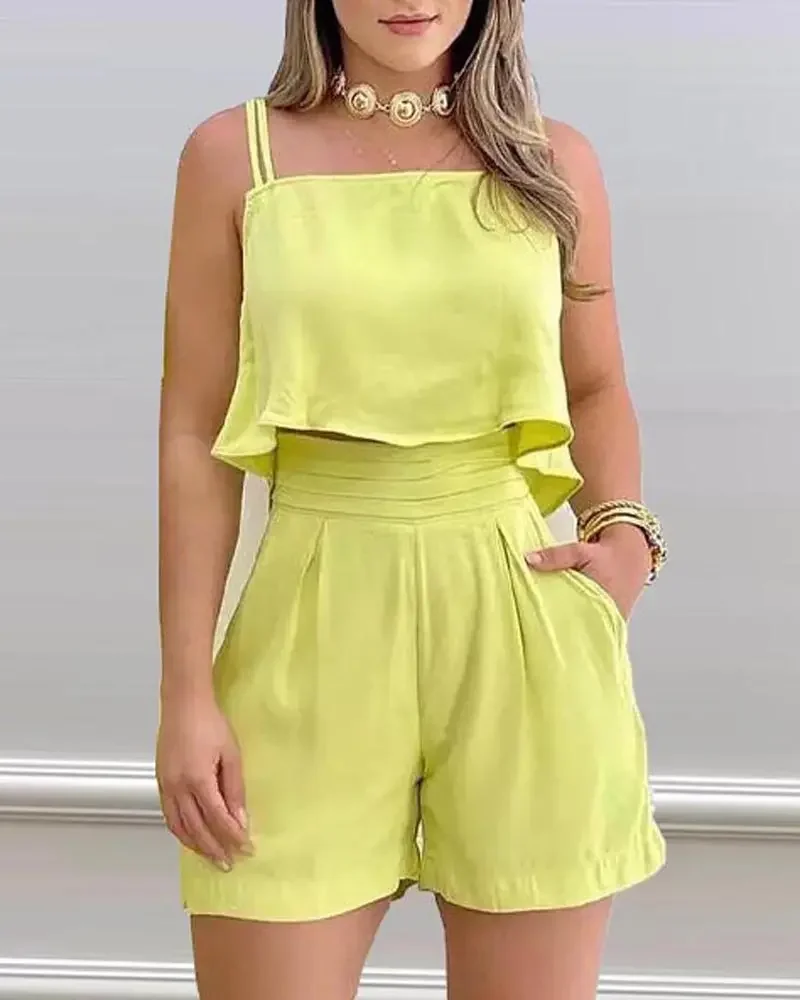 Women's Shorts 2 Piece, Ladies Chic Solid Square Neck Top and High Waist Casual Shorts Set Summer Fashion