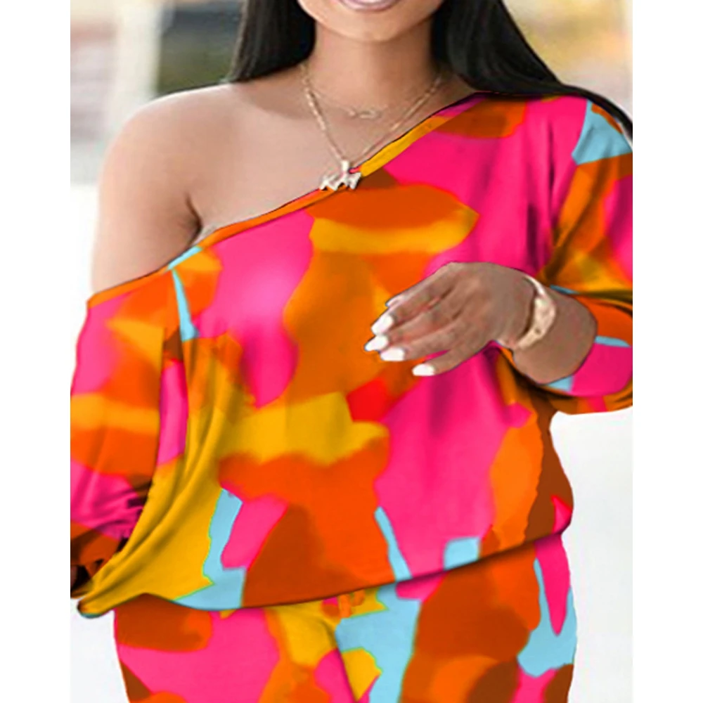 Summer Casual Camouflage Letter Print Skew Collar Cold Shoulder Tee Top & Capris Pants Set 2 Piece Set Women Outfits Streetwear