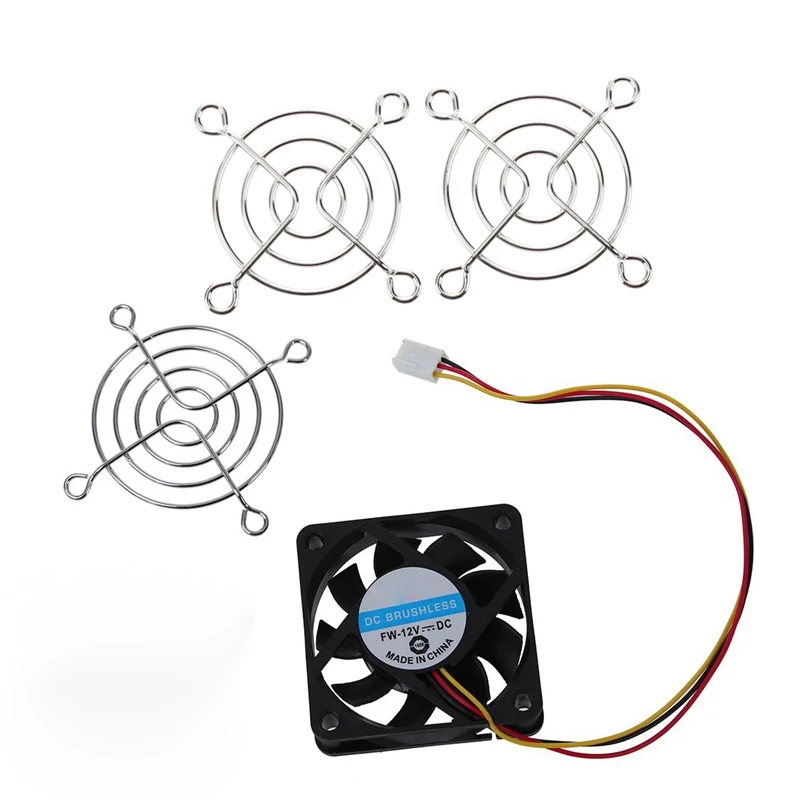 

1X 60Mm X 60Mm X 15Mm 3 Pins Cooling Fan With Metal Finger Guards & 2 Pcs Silver Tone Metal Grill Protector 50Mm CPU Fan Finger