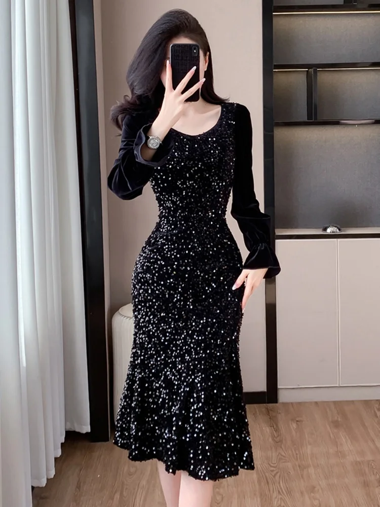 Новинка 2024 черное бархатное платье женское осенне-зимнее элегантное облегающее