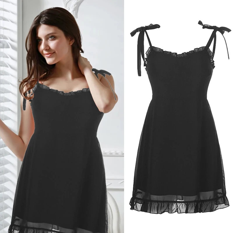 

Sexy Summer Ruffle Women's Dress Black Strappy Dress Fashion Suspender Skirt Ruffled Sling Skirt Slim Female Skirt Fashion