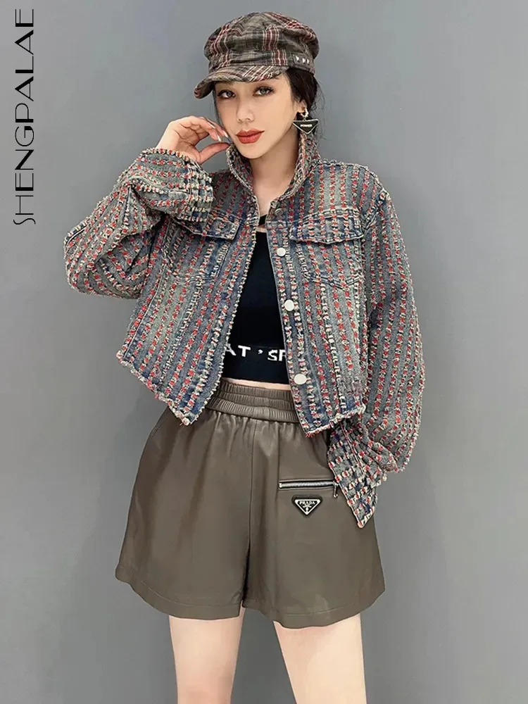 

SHENGPALAE Fashion Women's Short Denim Coat Burrs Pocket Patchwork Contrast Color Vintage Jacket Autumn 2023 New Female 5R6827