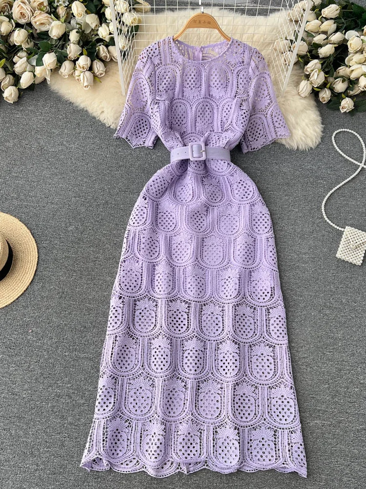 

Женское длинное платье с круглым вырезом, Элегантное летнее красное/белое/желтое/фиолетовое платье с коротким рукавом, цветочным принтом и крючком, Новинка