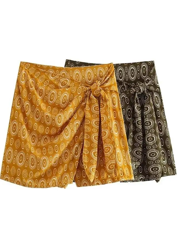

ZXQJ 2023 Women Fashion With Knot Printed Shorts Skirts Vintage High Waist Back Zipper Female Skirts Mujer