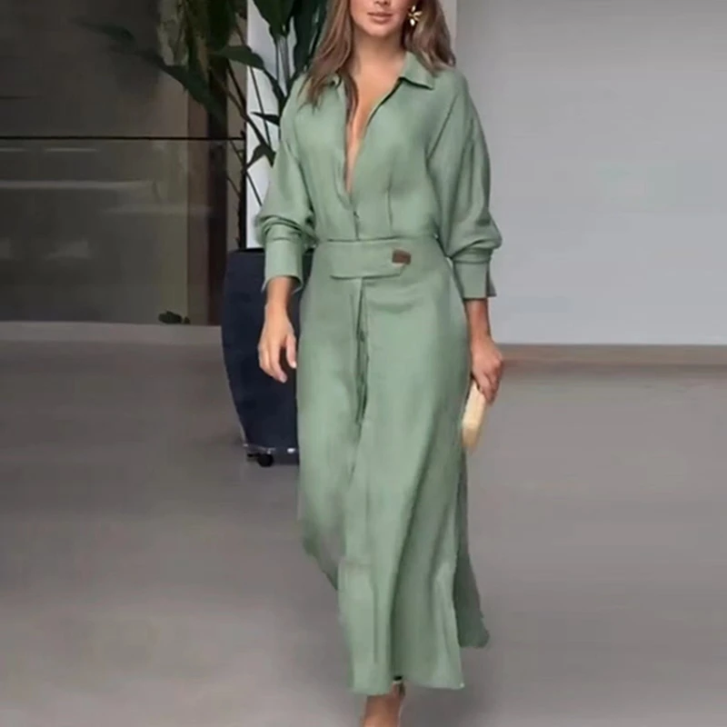 

Elegant Belt Shirt Maxi Dress Women Spring Summer Split Long Sleeve Pocket Long Dresses Casual Streetwear Office Ladies Vestidos