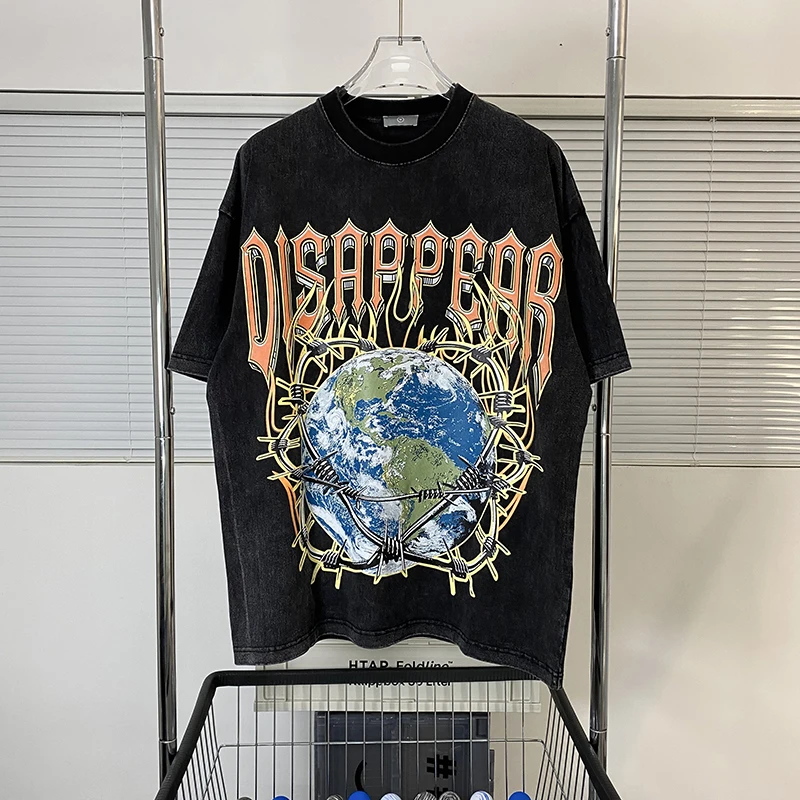 

Top Quality Globe Fashion T Shirt Men Heavy Fabric Nice Washed Casual Women Vintage Tees Cotton T-shirt Mens Clothing