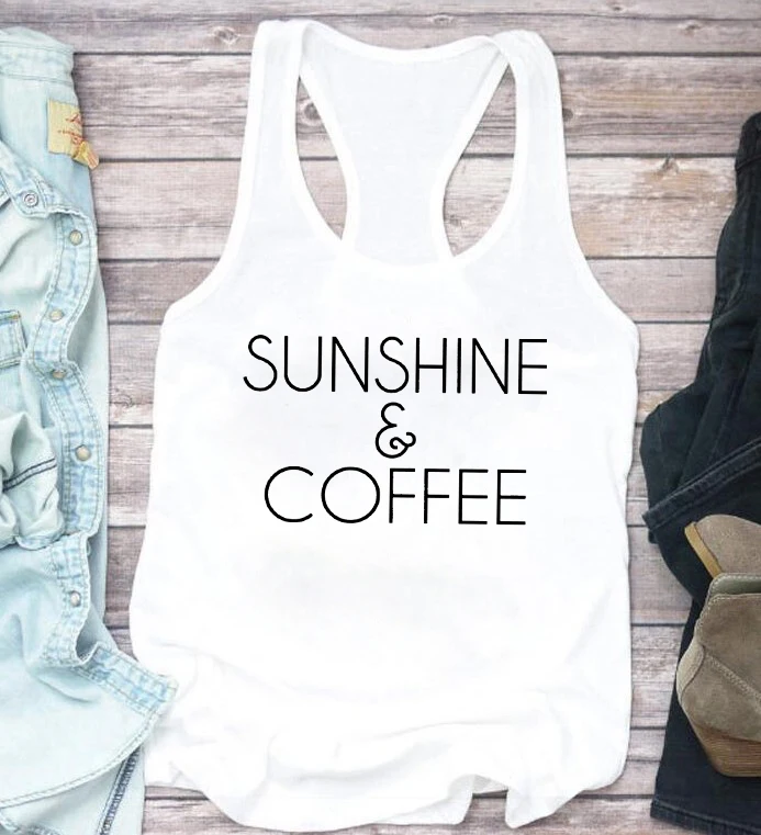 

Sunshine and Coffee Tank Tops Coffee Graphic Tshirt for Women Birthday Gifts Muscle Tank Top Women Coffee Shirt Summer Tops M