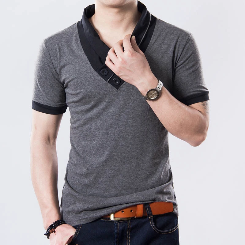 

B940 Slim Short Sleeve Patchwork V Neck Cotton Black T Shirt Men Button Tops & Tees
