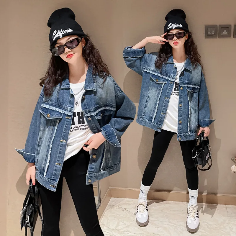 

Girls Denim Jacket Blue Casual All-match Tops Autumn School Children Outerwear Cotton Loose Teens Kids Coats 8 10 12 13 14 Years