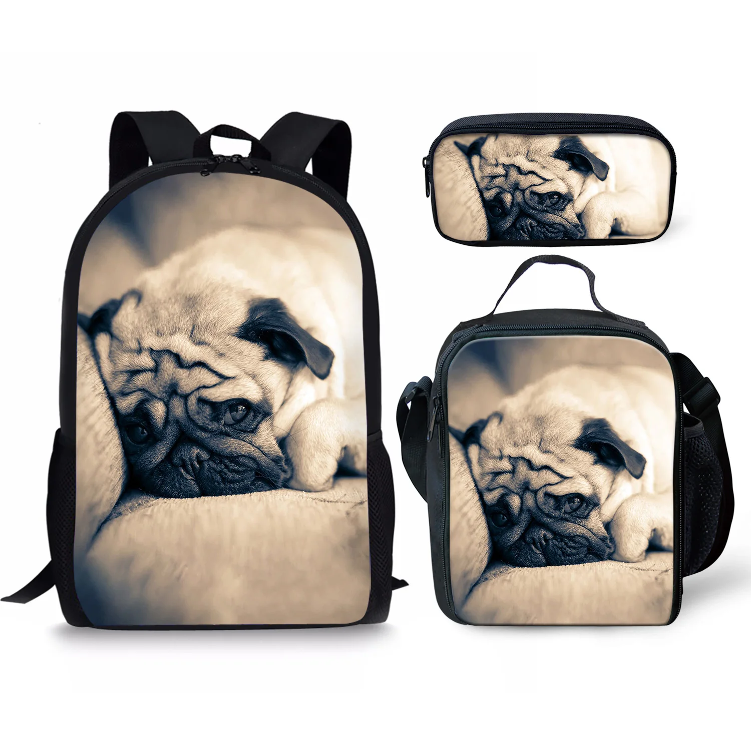Cute Pug Print New 3Pcs/Set School Bags Daily Travel Climbing Durable Backpack Trendy Birthday Gift for Kids Fashion Knapsack