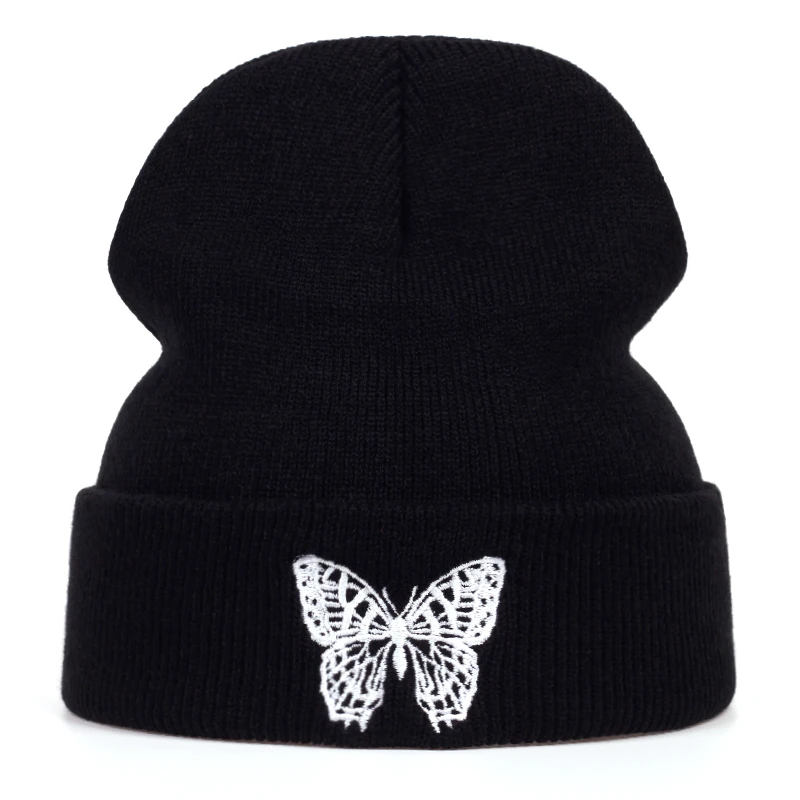 

Fashion Knitted Beanies Hat Butterfly Embroidery Winter Warm Ski Hats Skullies Caps Soft Elastic Cap Sport Bonnet Men Women