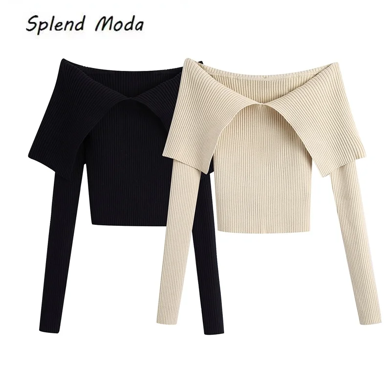 

2021 New Fashion Spring Autumn Sexy Exposed Shoulders Knitted Sweater Vintage V Neck Long Sleeve Female Pullovers Chic Tops