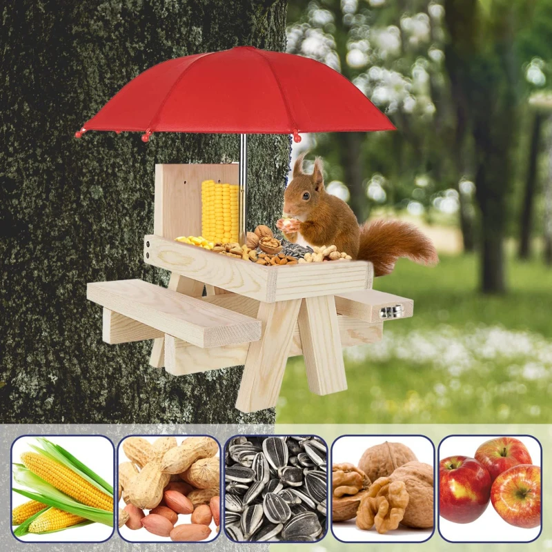 

1 Set Outdoor Squirrel Feeder Useful Compact Creative Shape Pet Supplies Squirrel Picnic Table Wooden Squirrel Feeder