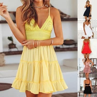 summer ladies dress 2022 sexy lace sling splicing mini skirt v neck womens backless bow solid color princess dress casual skirt