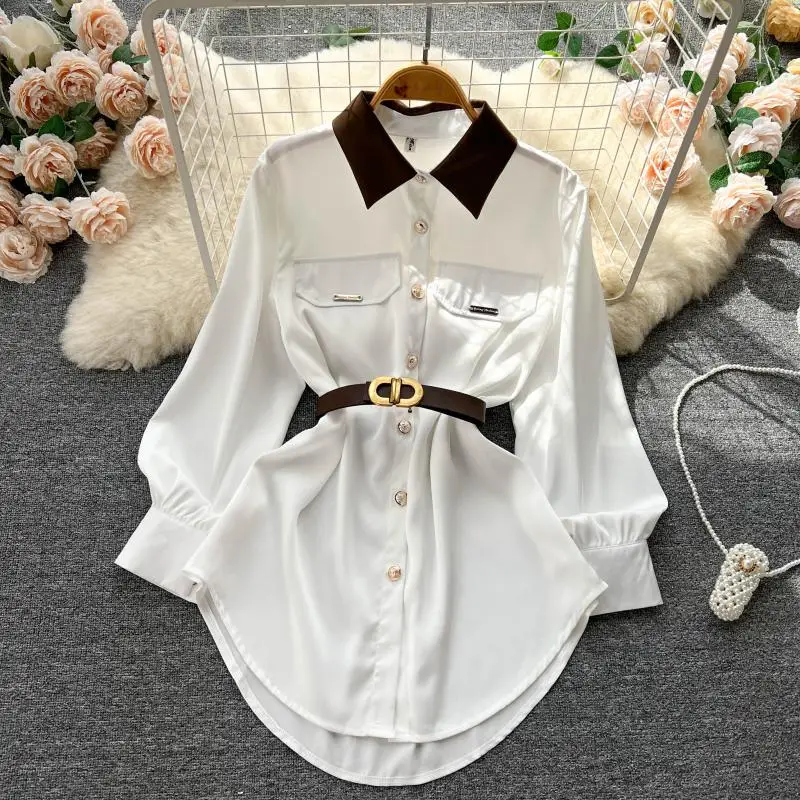 

Осенние высококачественные дизайнерские нишевые атласные топы средней длины с длинным рукавом