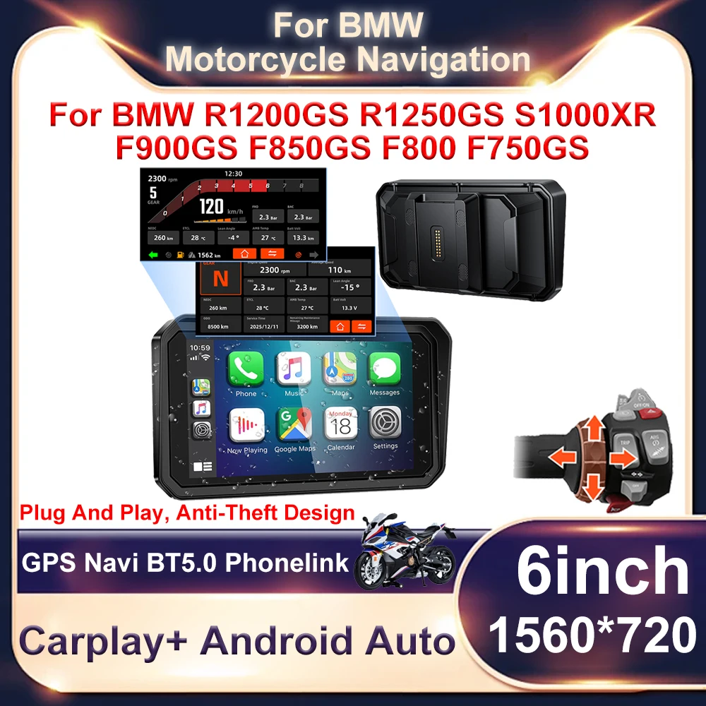 Фото 6-дюймовый беспроводной мотоциклетный GPS-навигатор с поддержкой CarPlay и Android Auto, портативная цифровая панель приборов для BMW R1200GS, R1250GS, F750GS №1