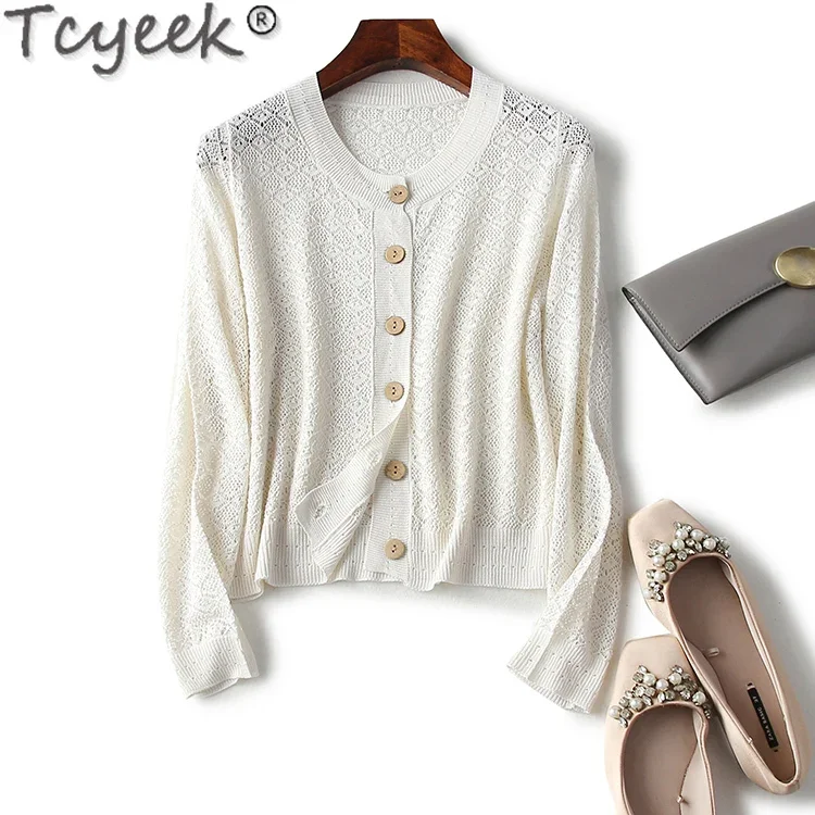 Женский трикотажный кардиган из шелка тутового шелкопряда с длинным рукавом