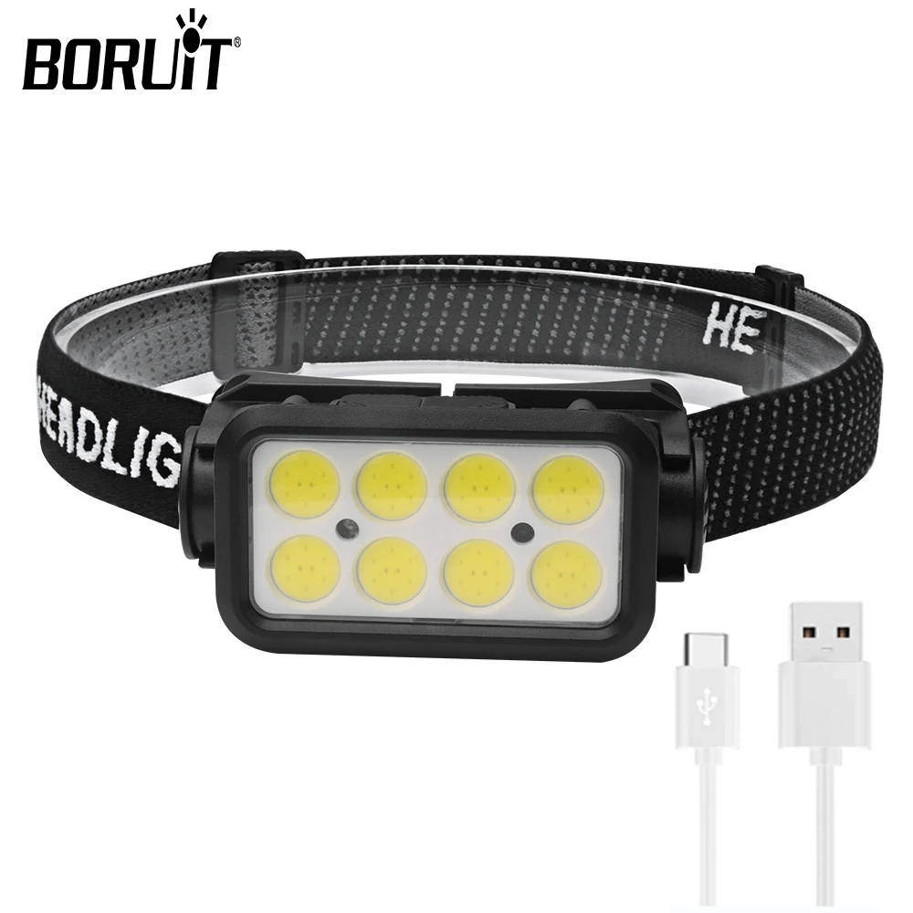 BORUiT COB LED Headlamp Sensor Headlight 18650 5-light Mode Type-C Rechargeable Head Torch Waterproof Camping Light Hiking Lamp