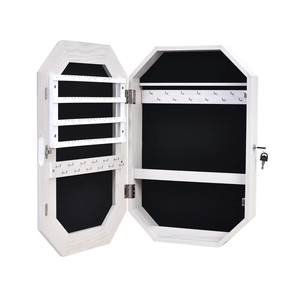 

2023 Simple Solid Wood Pattern Covered Wall-Mounted Display Cabinet Full Mirror Octagonal Jewelry Mirror Cabinet sofa living roo