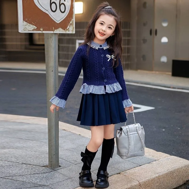 Детский трикотажный кардиган и плиссированная юбка на возраст 2-7 лет