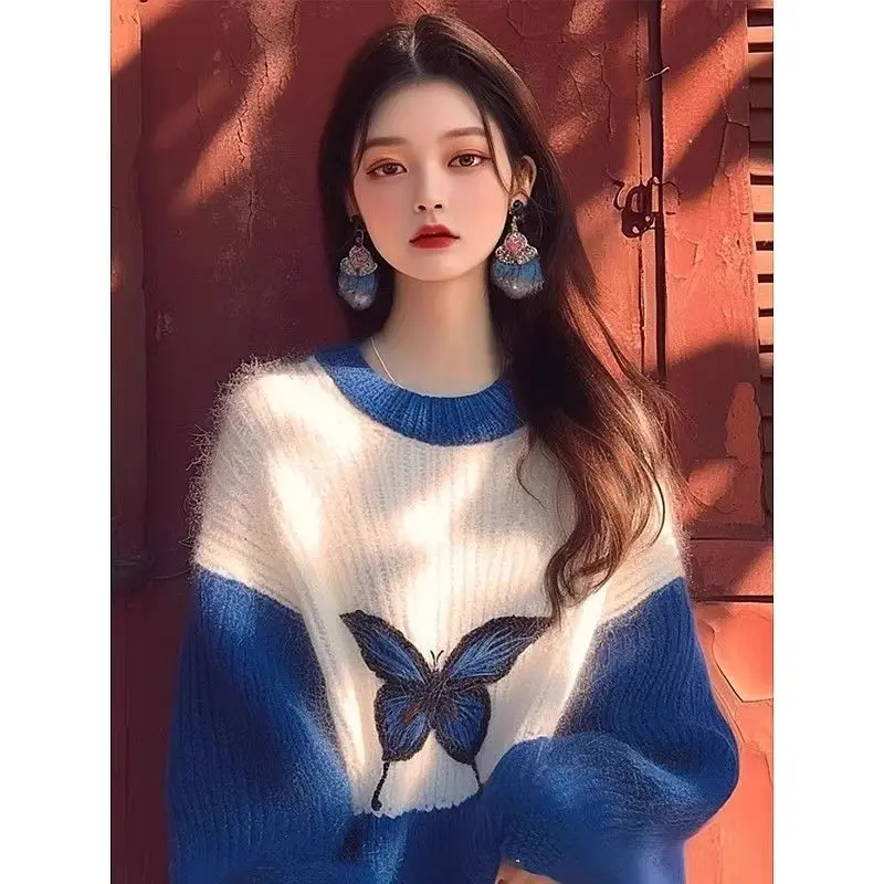 контрастный синий мягкий восковой свитер для женщин 2024 осень и зима новая