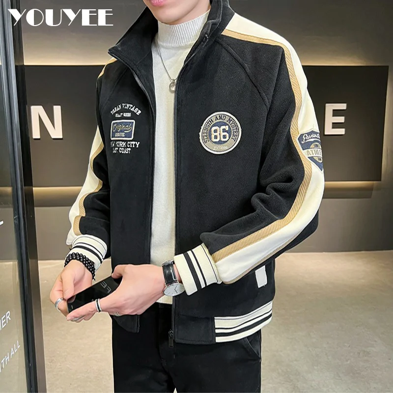 

Men's Fleece Baseball Jacket Coats Handsome Trend Thickened Overcoat Male Winter Warm Topcoat Sporty Young Style Men Clothing