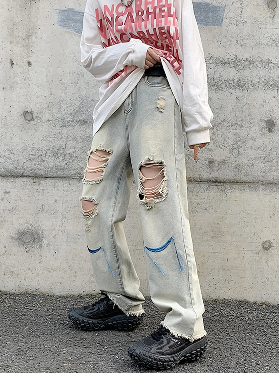 Four Seasons Men's Jeans American Retro Hole Design Pants Trend High Street Straight Wide Leg Pants Streetwear Men Ins Hot Sale