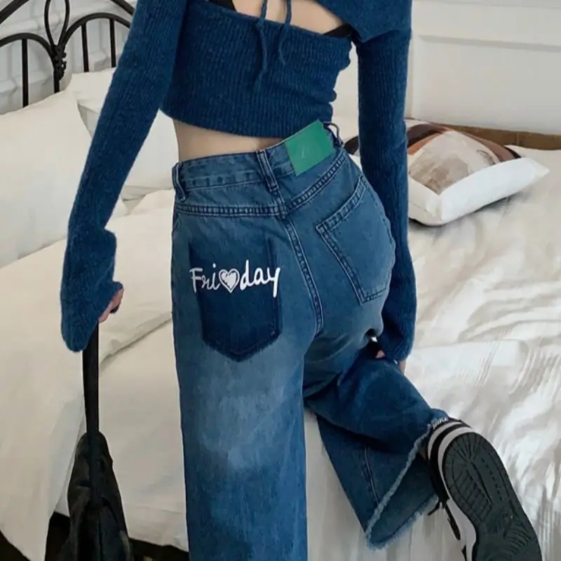 

2022 Autumn Women Vintage Baggy Jeans High Waist Full-length Trouser Denim Pant Wide Leg Streetwear Straight Basic Daily L302