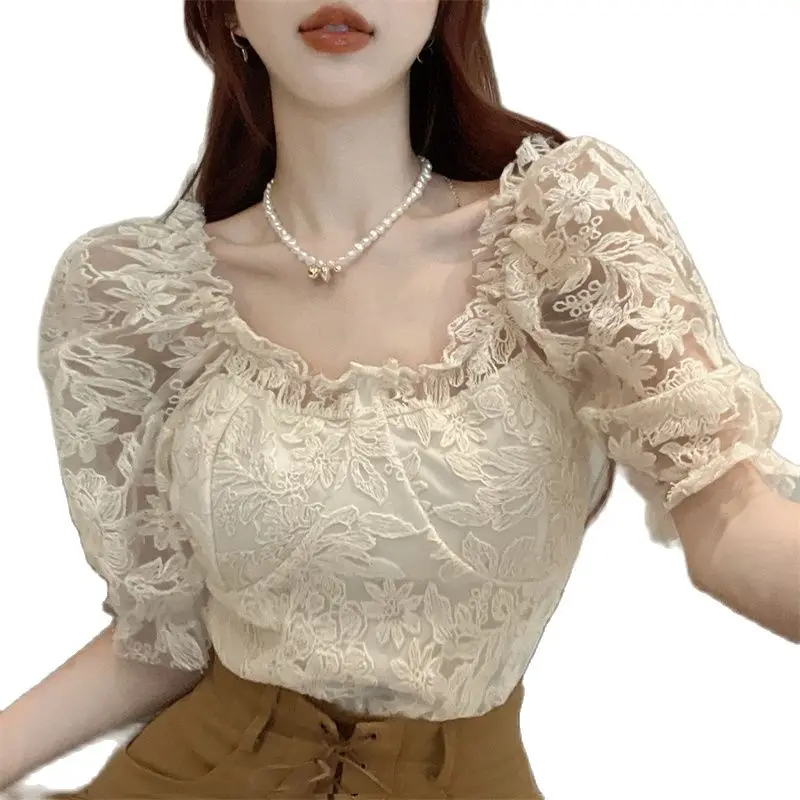 

Women Lace Top Slim Fit Short Sleeves Round Neck Summer Fashion Lady Hollowed Blouse