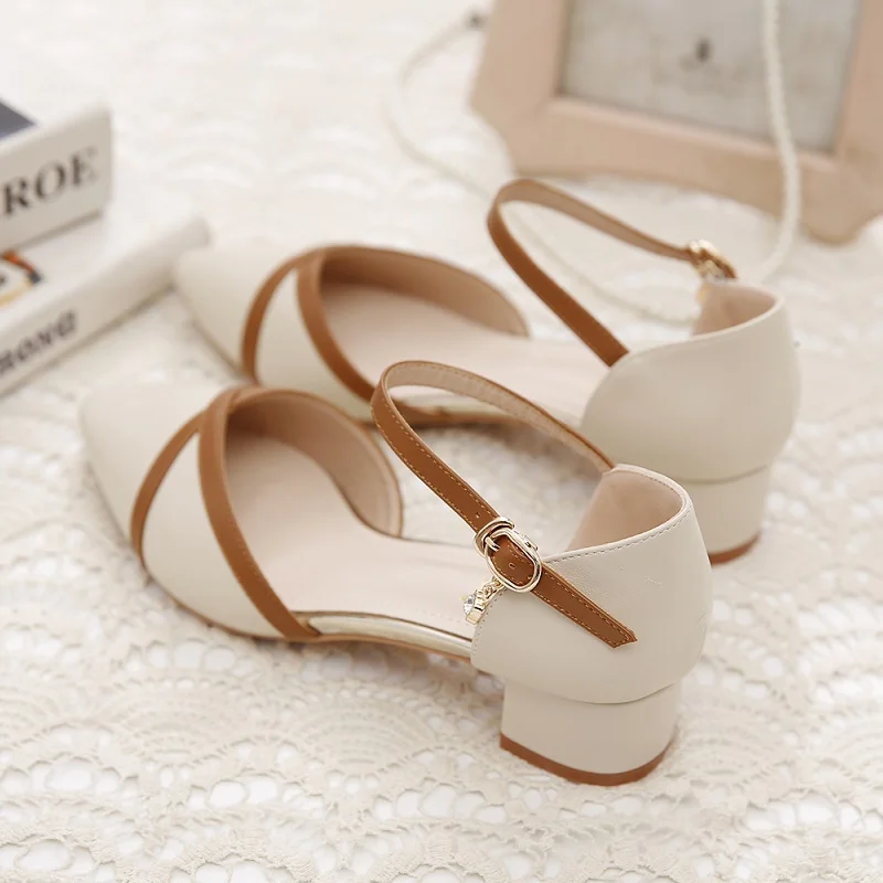 Women Heels Mary Janes High-heeled Sandals Medium Heel Pointed Toe Pink Luxury Shoes Elegant Woman Pumps Ladies Shoes on Offer